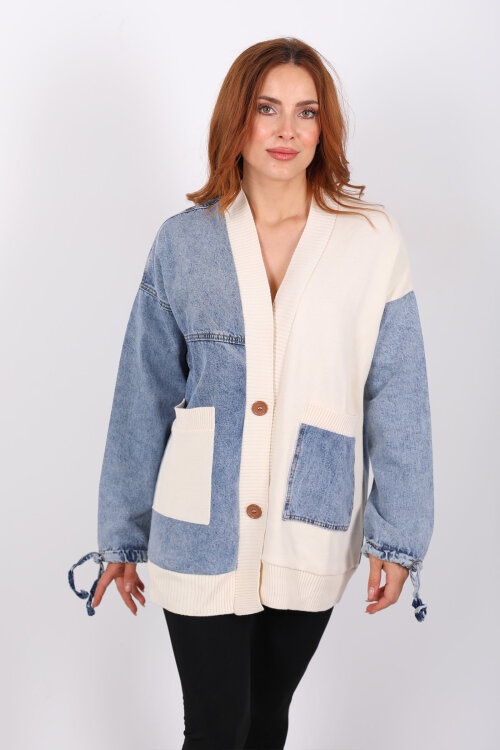 Bloklu Mavi Kadın Triko Hırka - 5