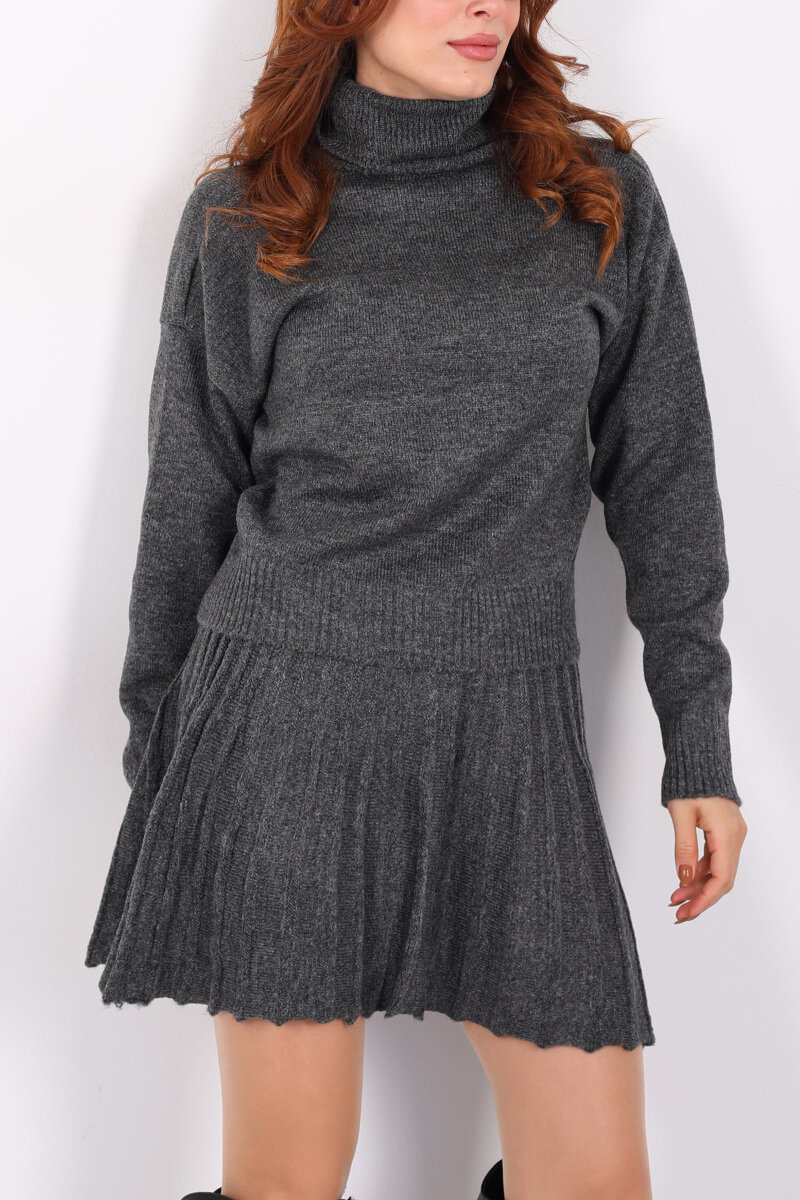 Boğazlı Eteği Pileli Kadın Antrasit Triko Takım - 2