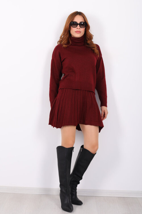 Boğazlı Eteği Pileli Kadın Bordo Triko Takım - 7