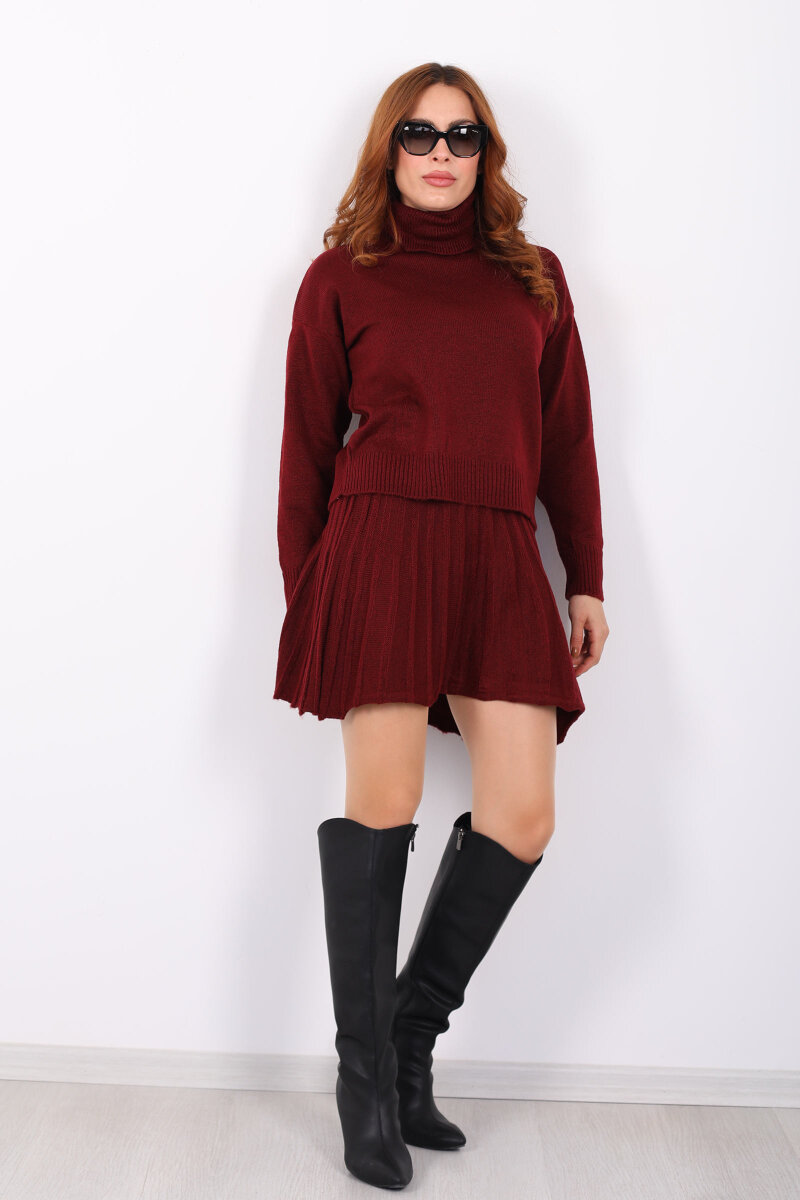 Boğazlı Eteği Pileli Kadın Bordo Triko Takım - 7