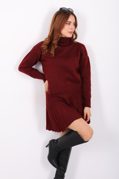 Boğazlı Eteği Pileli Kadın Bordo Triko Takım - 4