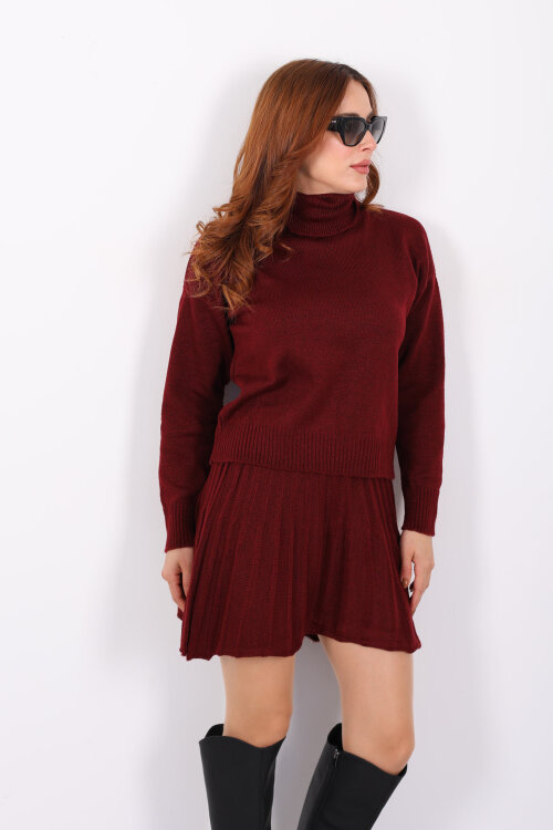 Boğazlı Eteği Pileli Kadın Bordo Triko Takım - 6