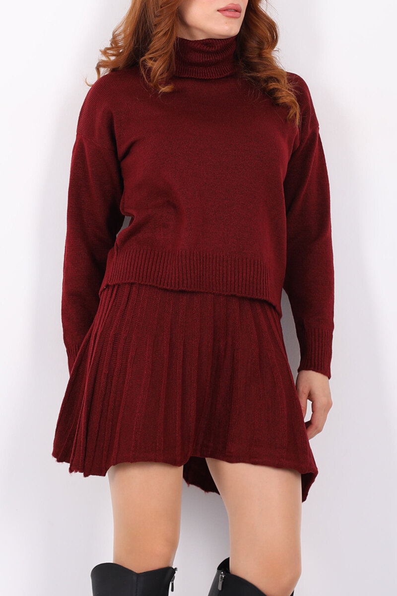 Boğazlı Eteği Pileli Kadın Bordo Triko Takım - 2