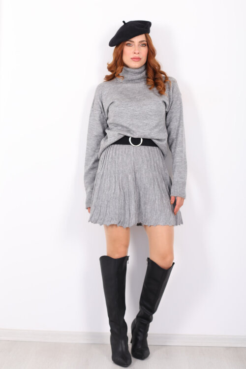 Boğazlı Eteği Pileli Kadın Gri Triko Takım - 7