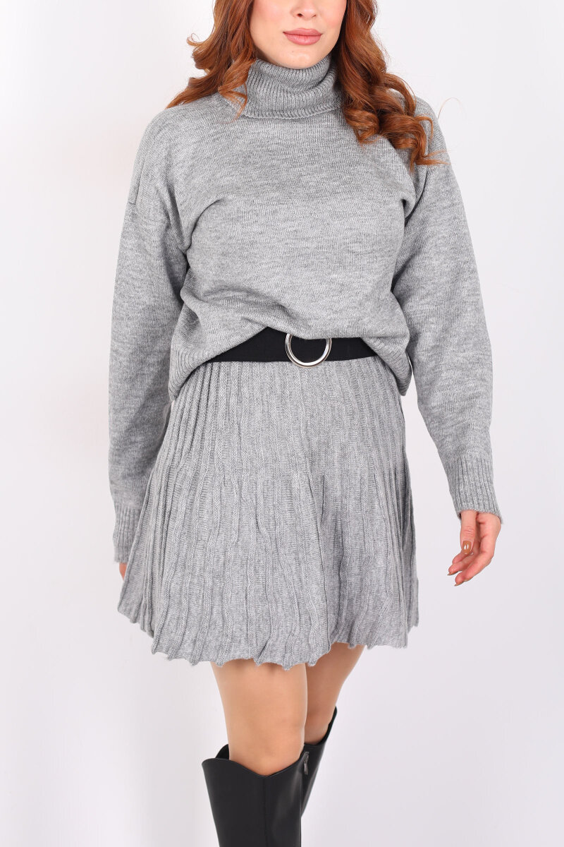 Boğazlı Eteği Pileli Kadın Gri Triko Takım - 2