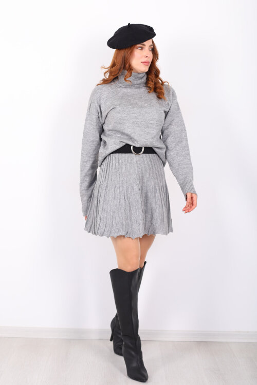 Boğazlı Eteği Pileli Kadın Gri Triko Takım - 4