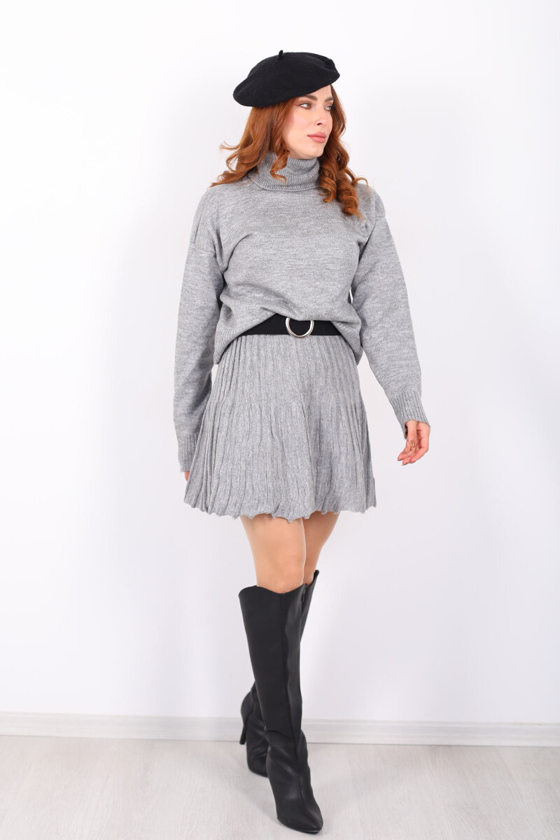 Boğazlı Eteği Pileli Kadın Gri Triko Takım - 4