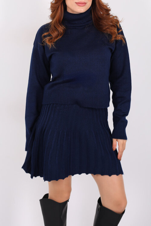 Boğazlı Eteği Pileli Kadın Lacivert Triko Takım - Berox (1)