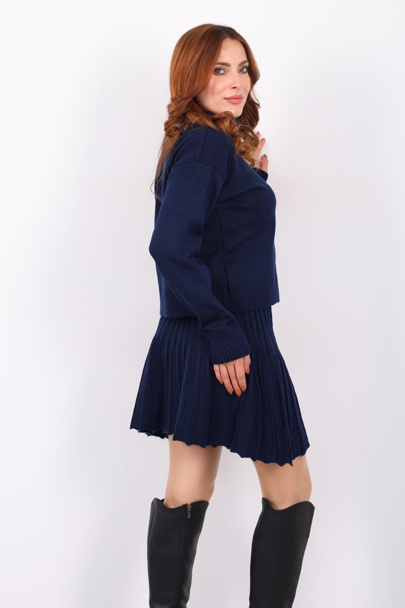 Boğazlı Eteği Pileli Kadın Lacivert Triko Takım - 5