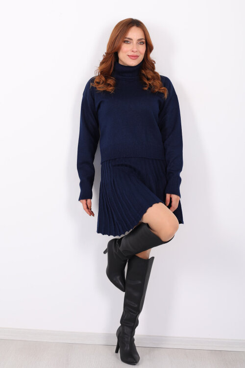 Boğazlı Eteği Pileli Kadın Lacivert Triko Takım - 3