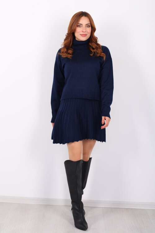 Boğazlı Eteği Pileli Kadın Lacivert Triko Takım - 7