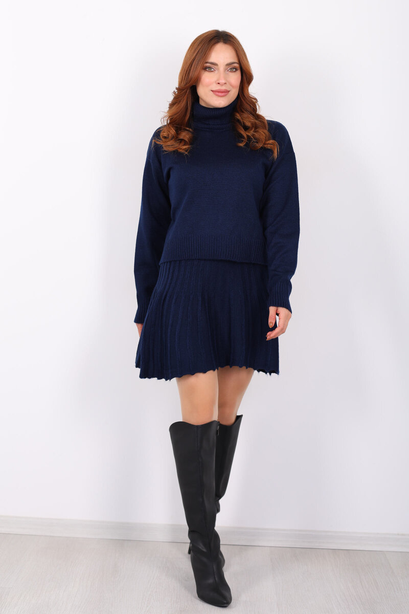 Boğazlı Eteği Pileli Kadın Lacivert Triko Takım - 7