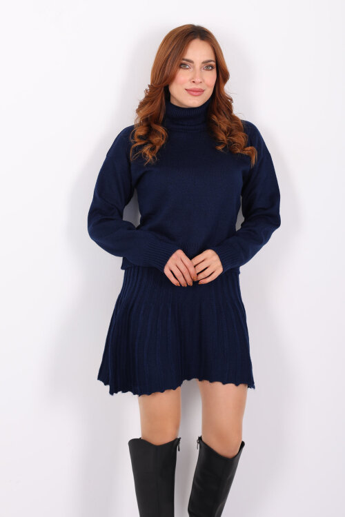 Boğazlı Eteği Pileli Kadın Lacivert Triko Takım - 4