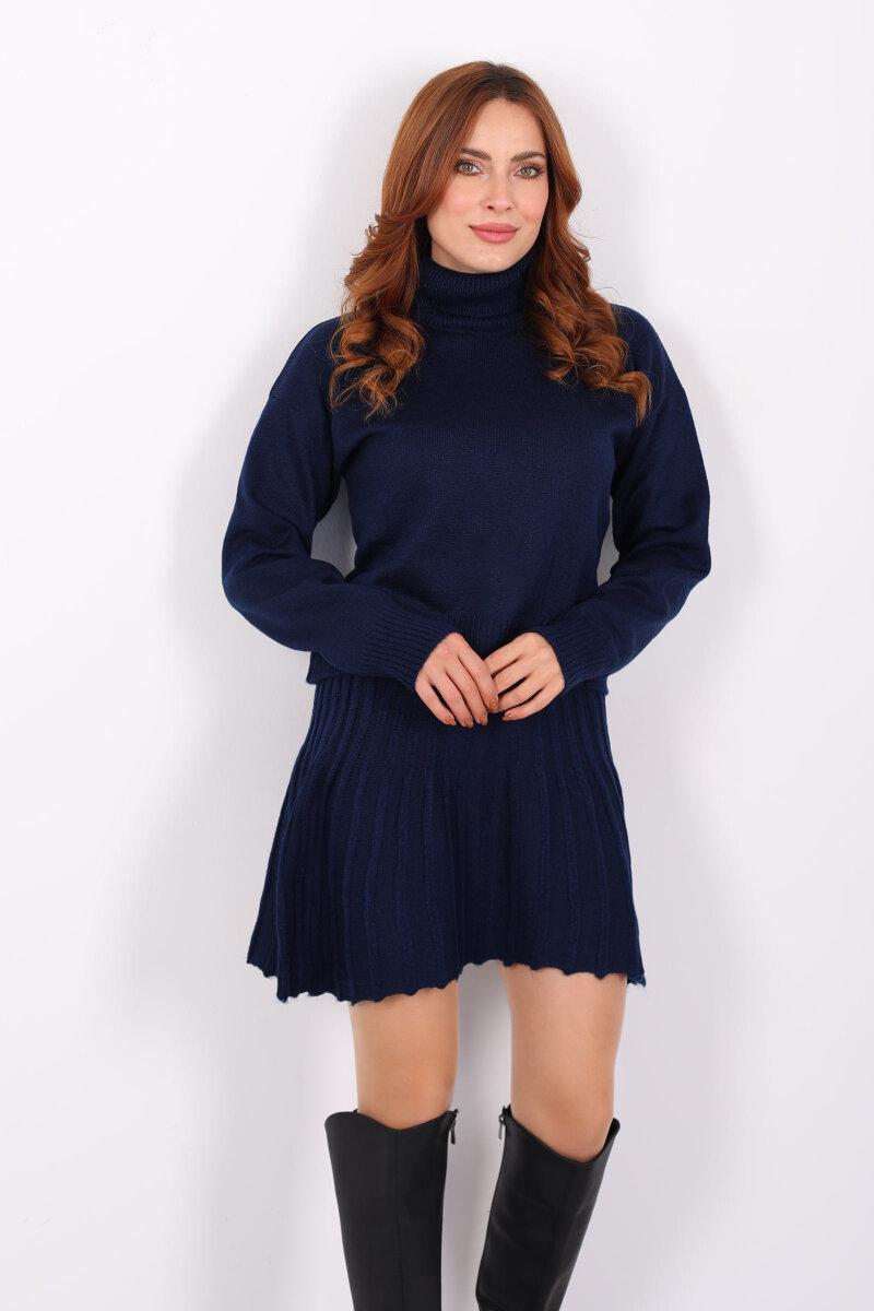 Boğazlı Eteği Pileli Kadın Lacivert Triko Takım - 4