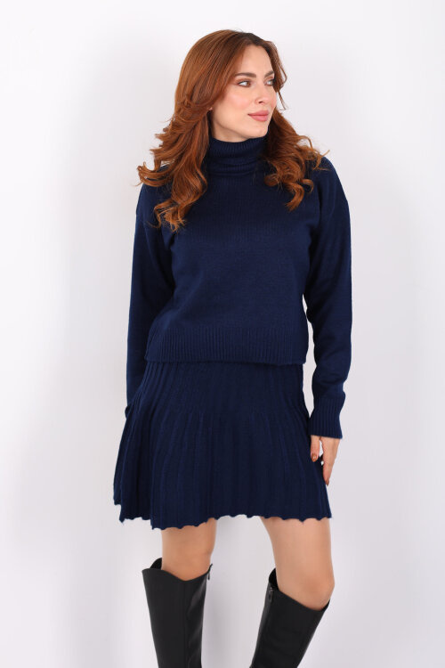 Boğazlı Eteği Pileli Kadın Lacivert Triko Takım - 6