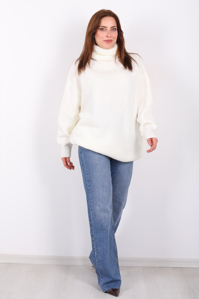 Boğazlı Kadın Beyaz Triko Kazak - 3