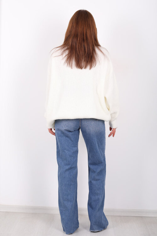 Boğazlı Kadın Beyaz Triko Kazak - 6