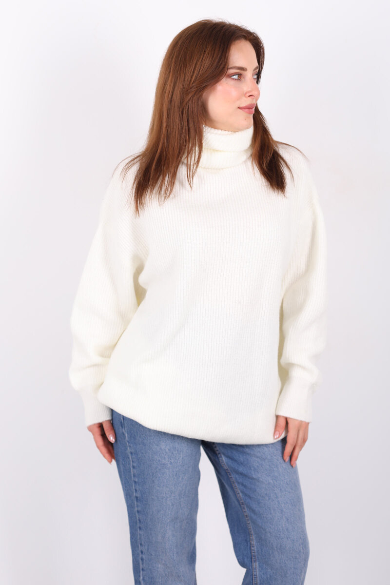 Boğazlı Kadın Beyaz Triko Kazak - 7