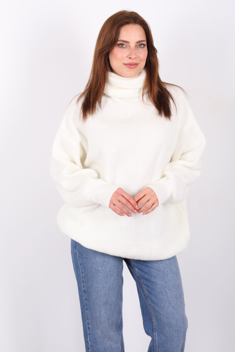 Boğazlı Kadın Beyaz Triko Kazak - 5