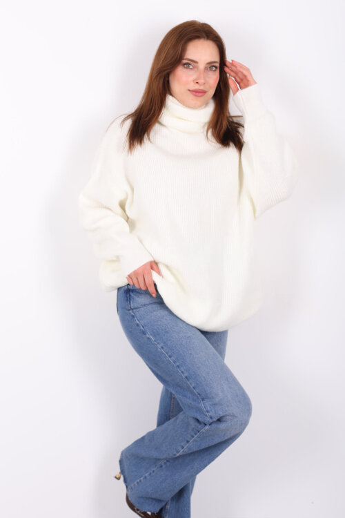 Boğazlı Kadın Beyaz Triko Kazak - 4