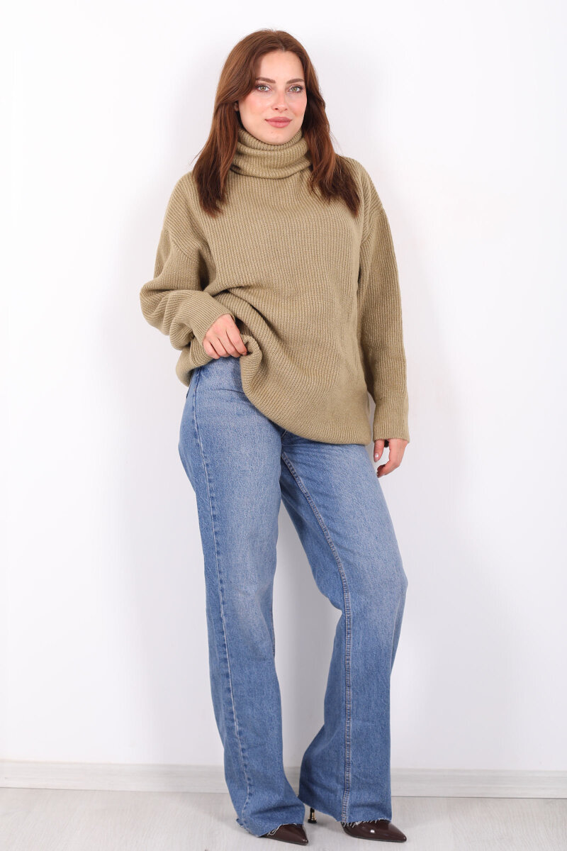 Boğazlı Kadın Haki Triko Kazak - 3