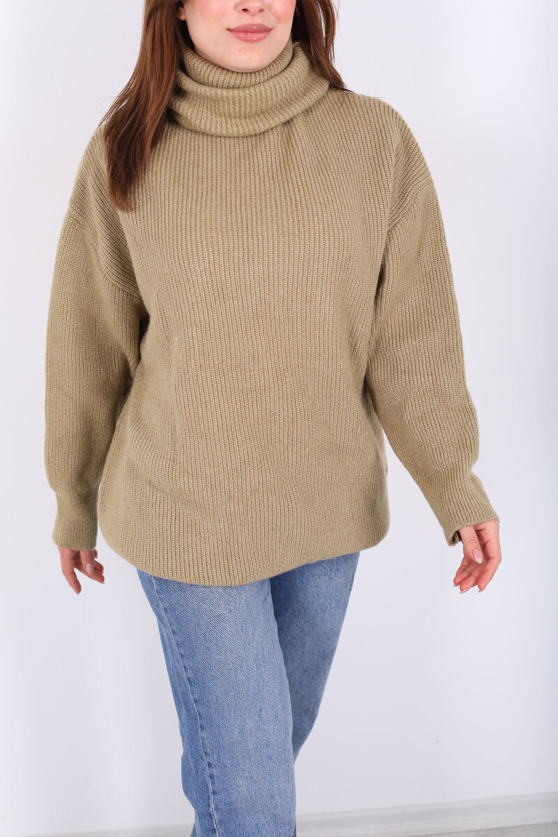 Boğazlı Kadın Haki Triko Kazak - 2