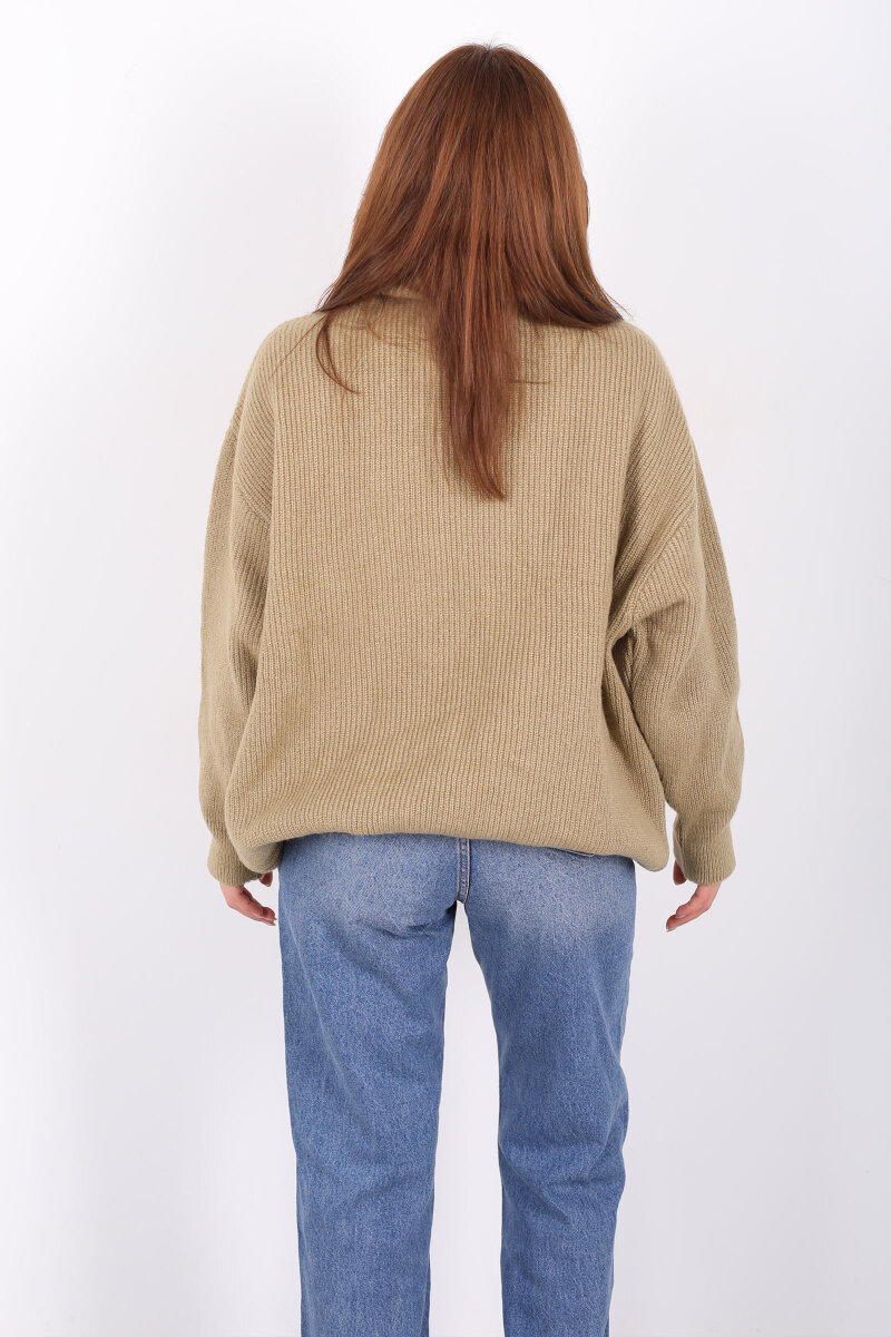 Boğazlı Kadın Haki Triko Kazak - 5