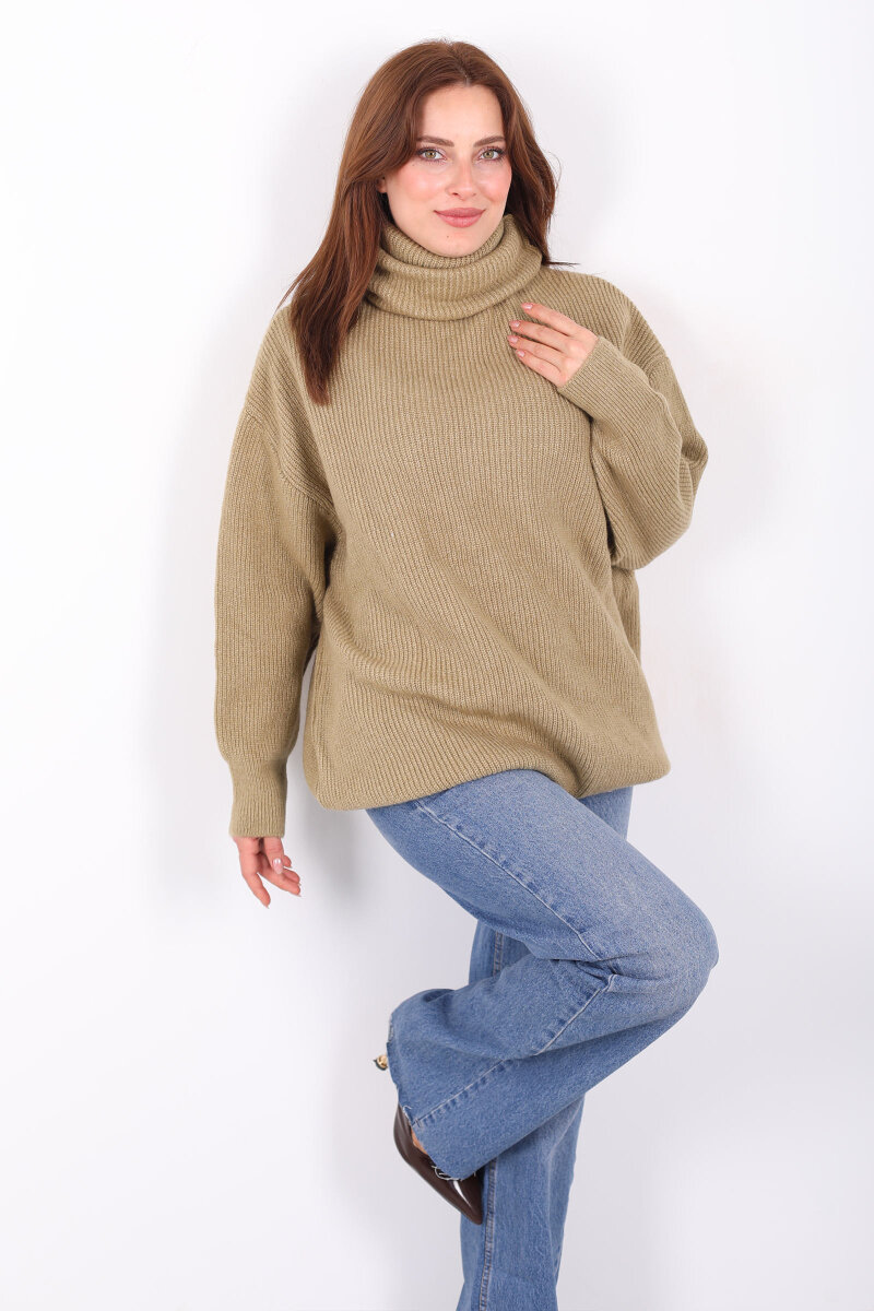 Boğazlı Kadın Haki Triko Kazak - 1