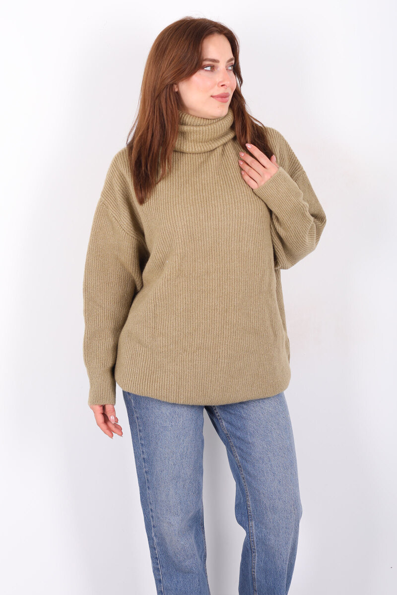Boğazlı Kadın Haki Triko Kazak - 4