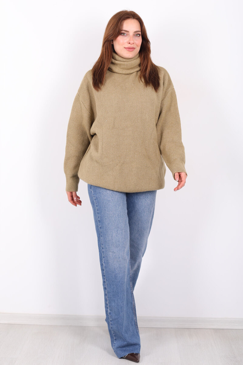 Boğazlı Kadın Haki Triko Kazak - 6