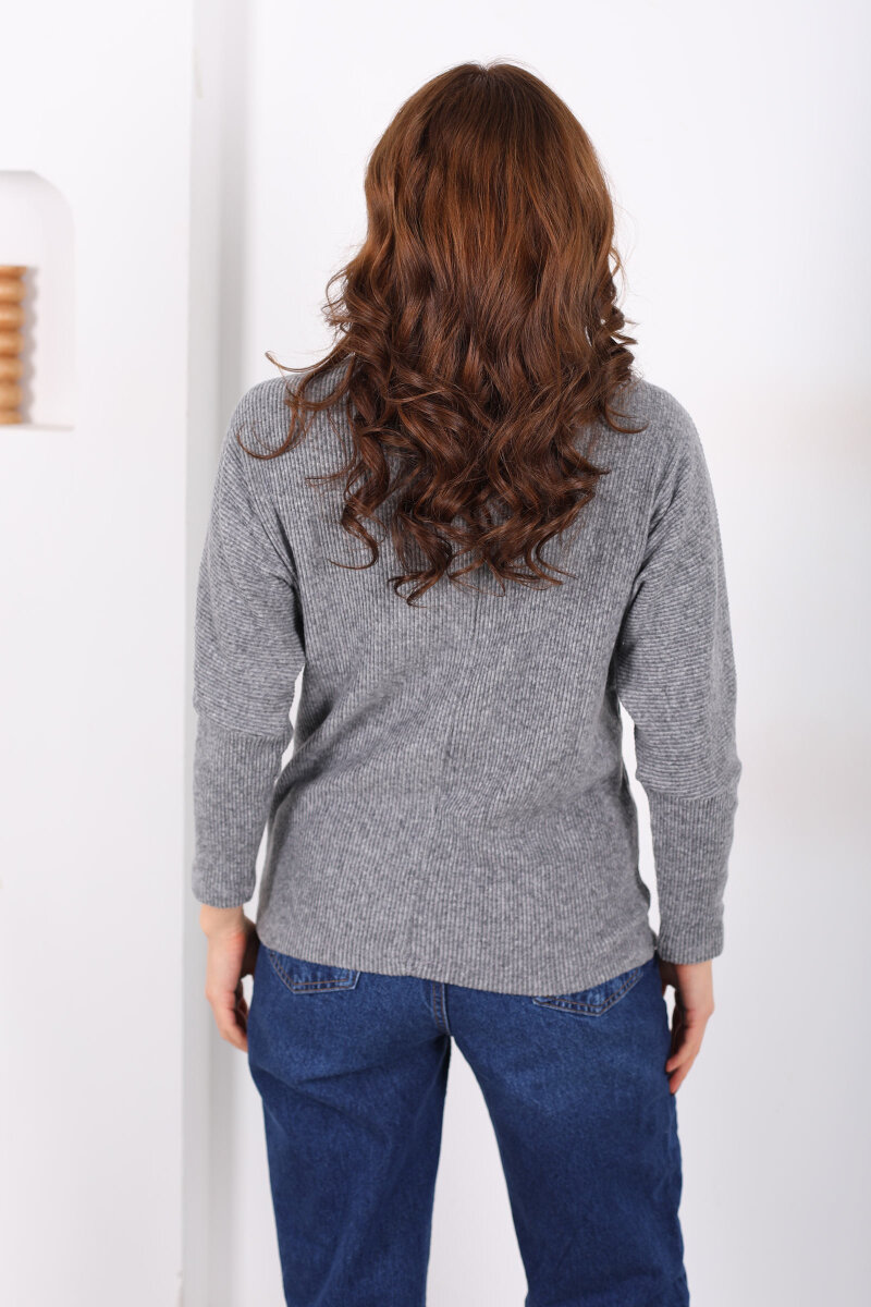 Boğazlı Yarasa Kol Antrasit Kadın Triko Kazak - 4