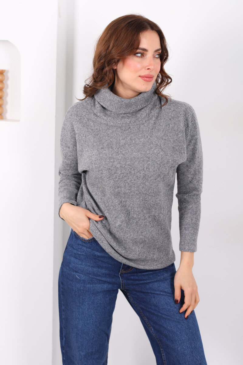 Boğazlı Yarasa Kol Antrasit Kadın Triko Kazak - 3