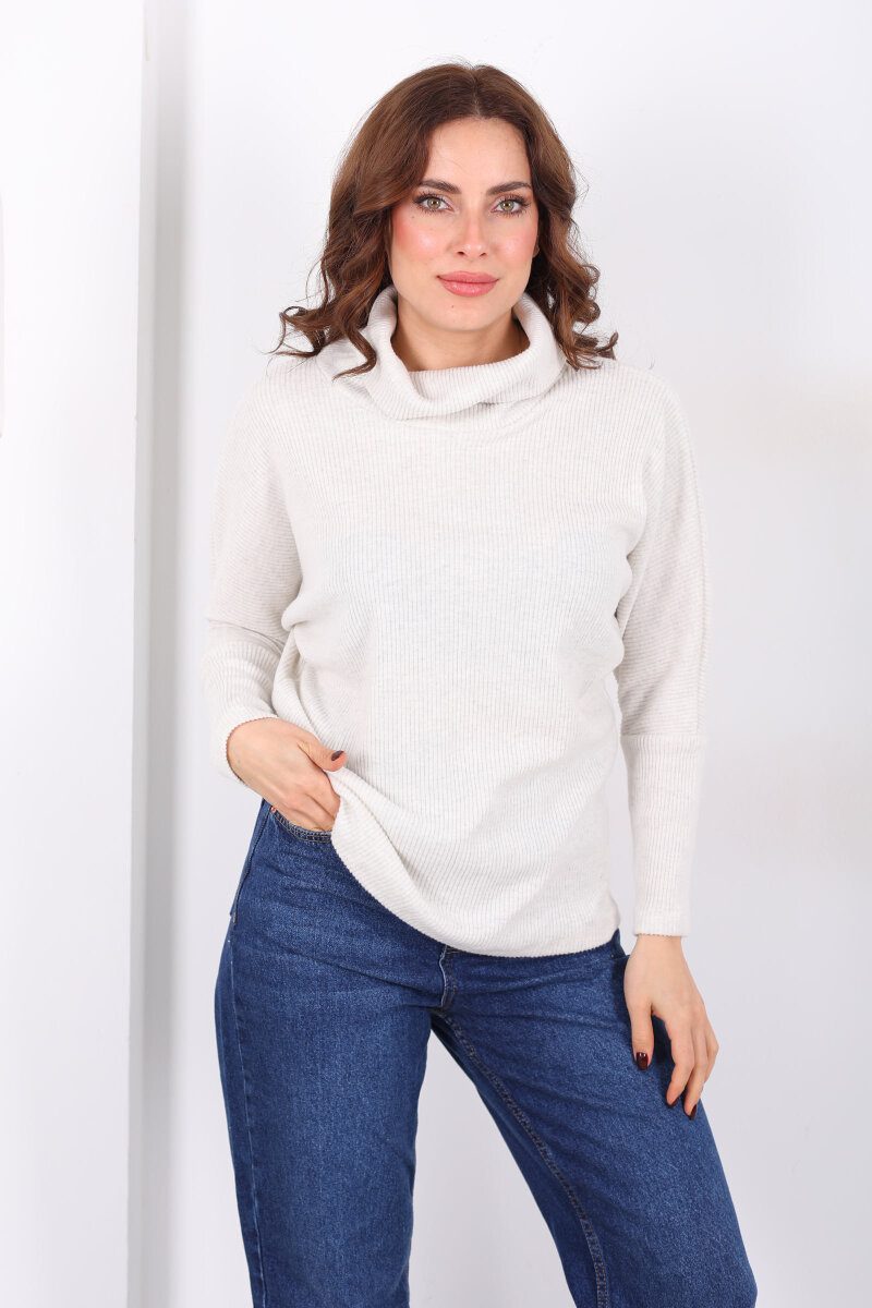 Boğazlı Yarasa Kol Ekru Kadın Triko Kazak - 3