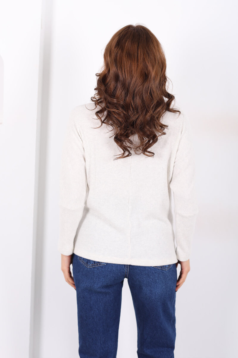 Boğazlı Yarasa Kol Ekru Kadın Triko Kazak - 2