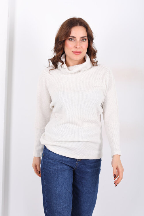 Boğazlı Yarasa Kol Ekru Kadın Triko Kazak - 4