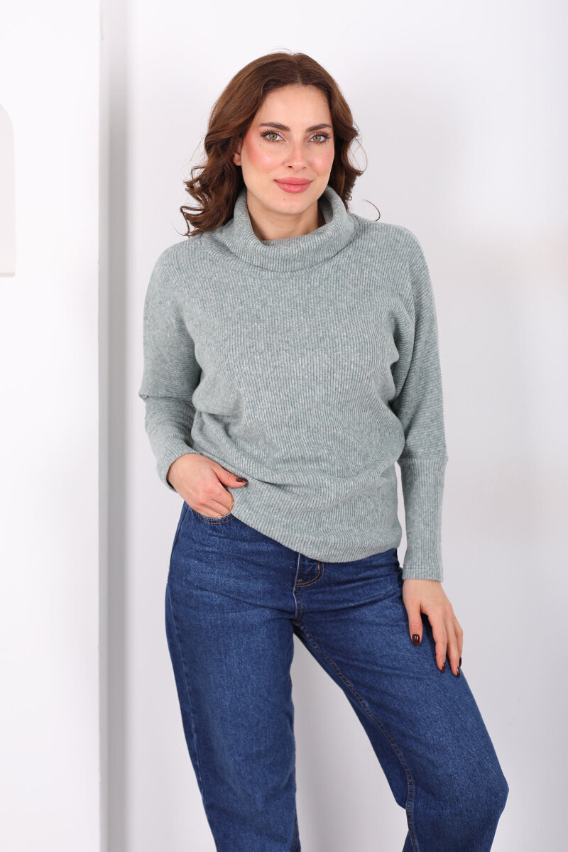 Boğazlı Yarasa Kol Haki Kadın Triko Kazak - 1