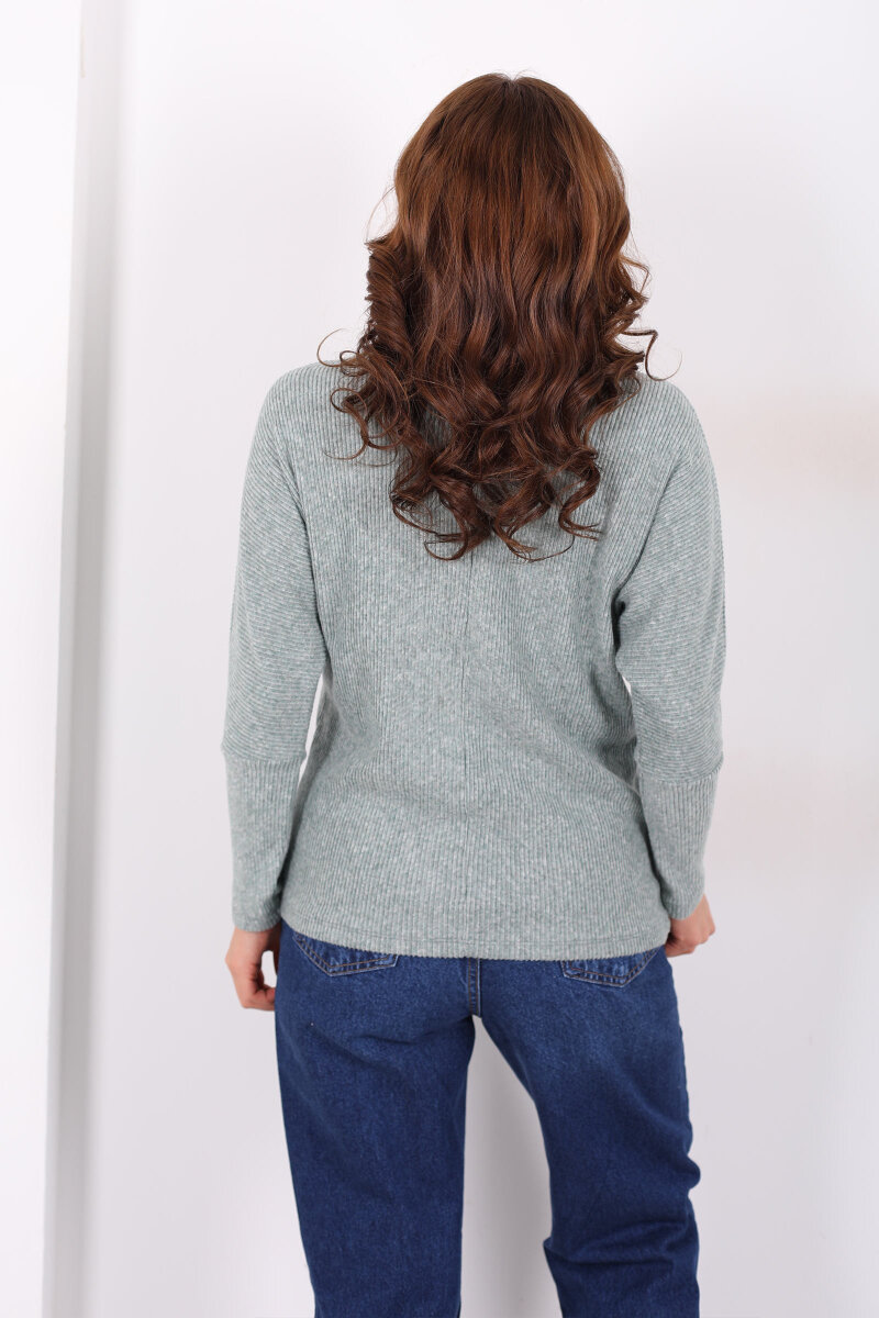 Boğazlı Yarasa Kol Haki Kadın Triko Kazak - 2