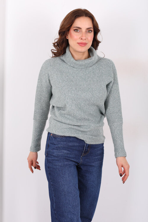 Boğazlı Yarasa Kol Haki Kadın Triko Kazak - 3