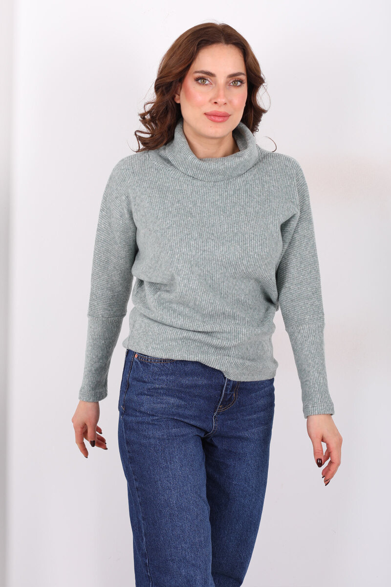 Boğazlı Yarasa Kol Haki Kadın Triko Kazak - 3