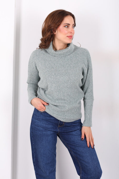 Boğazlı Yarasa Kol Haki Kadın Triko Kazak - 4