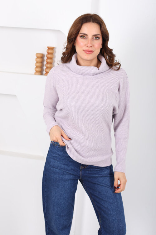 Boğazlı Yarasa Kol Lila Kadın Triko Kazak - 4
