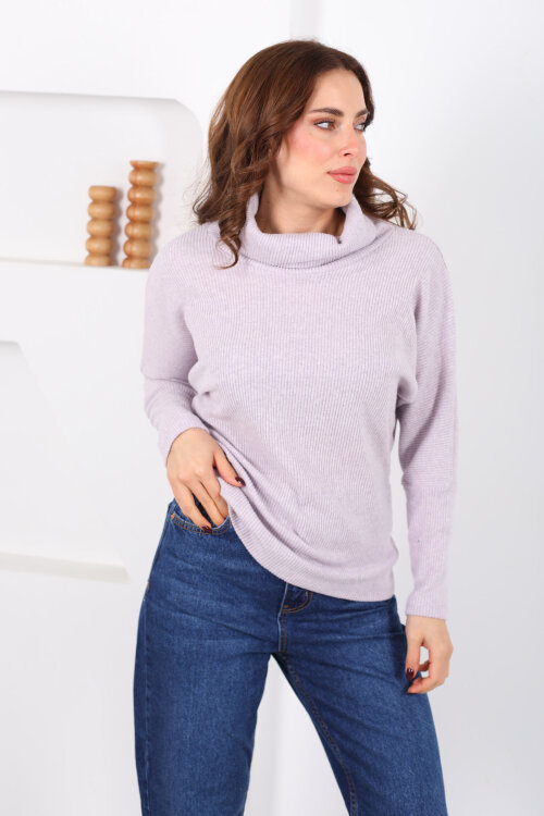 Boğazlı Yarasa Kol Lila Kadın Triko Kazak - 5