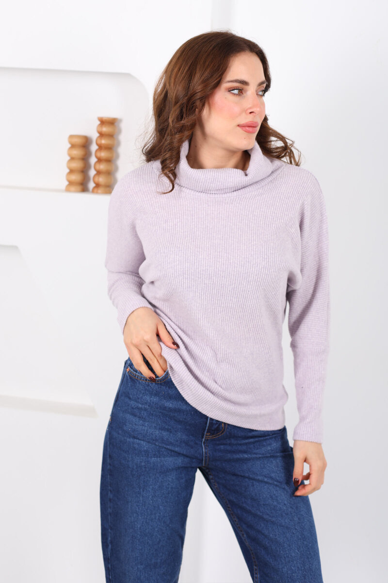 Boğazlı Yarasa Kol Lila Kadın Triko Kazak - 3