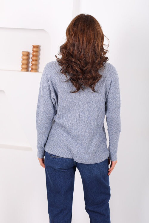 Boğazlı Yarasa Kol Mavi Kadın Triko Kazak - 4