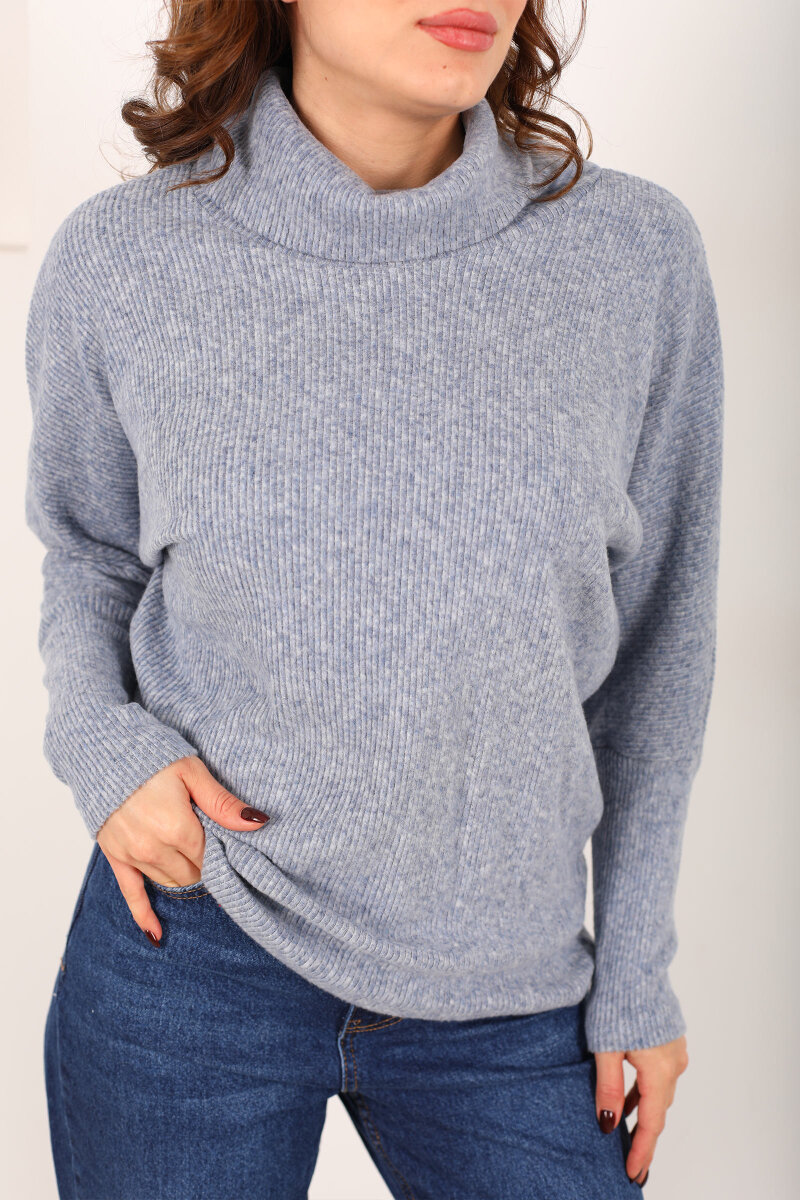 Boğazlı Yarasa Kol Mavi Kadın Triko Kazak - 2