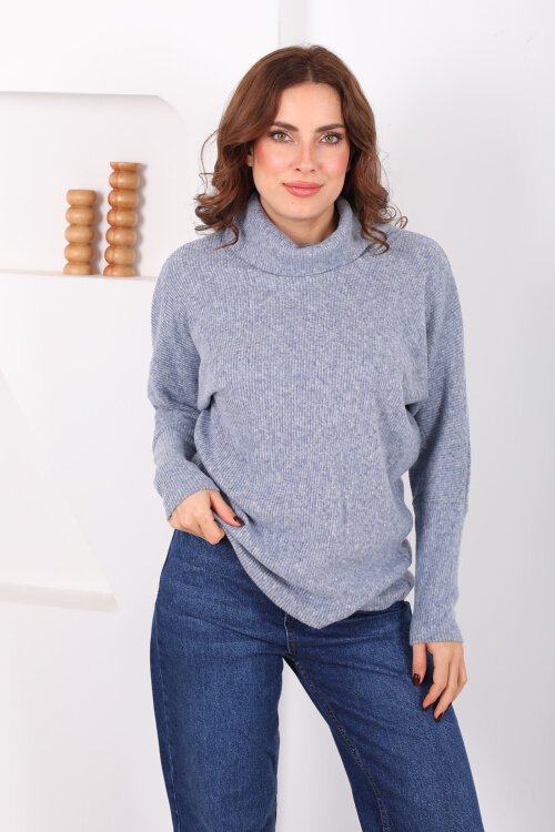 Boğazlı Yarasa Kol Mavi Kadın Triko Kazak - 3