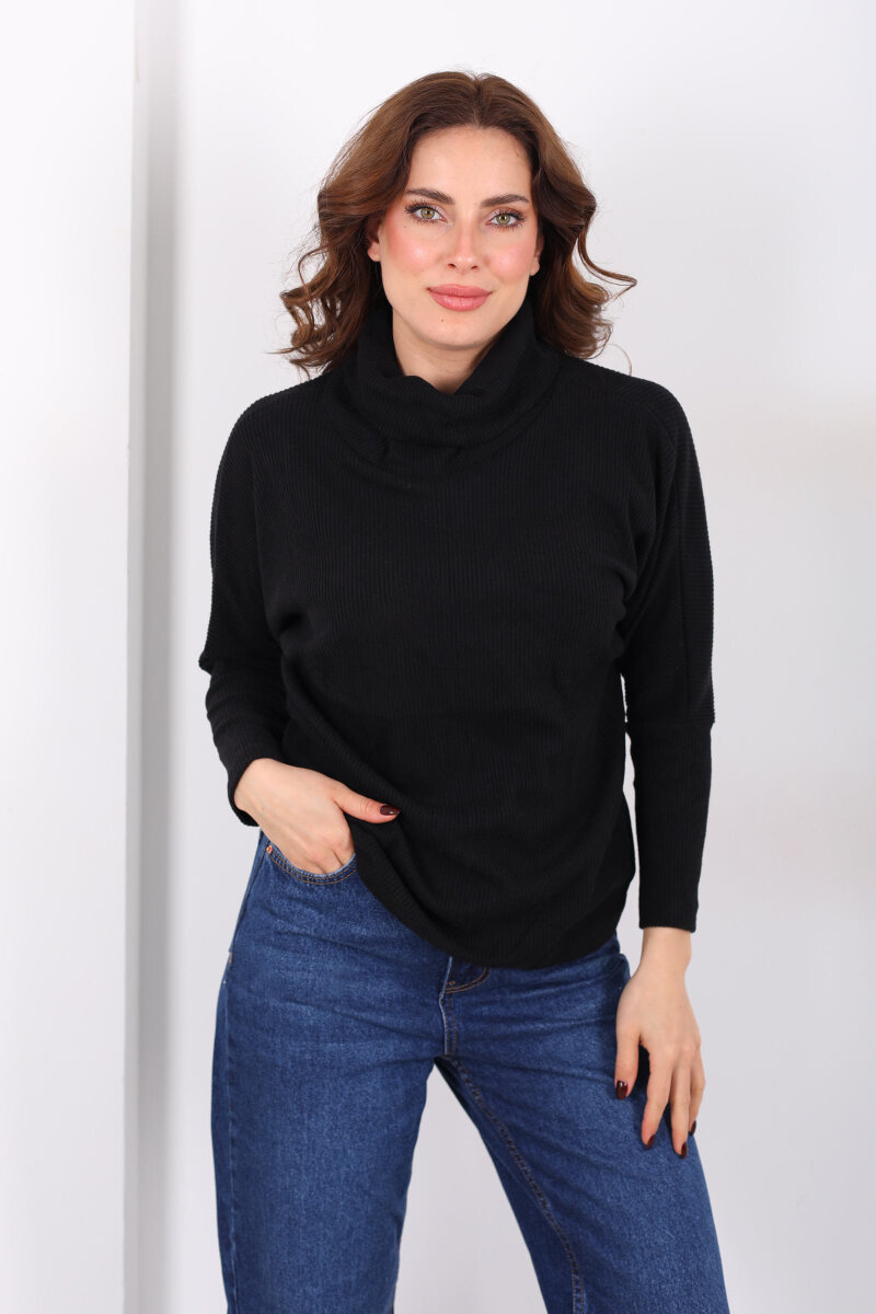 Boğazlı Yarasa Kol Siyah Kadın Triko Kazak - 3