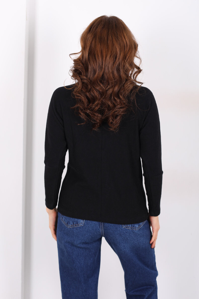 Boğazlı Yarasa Kol Siyah Kadın Triko Kazak - 2