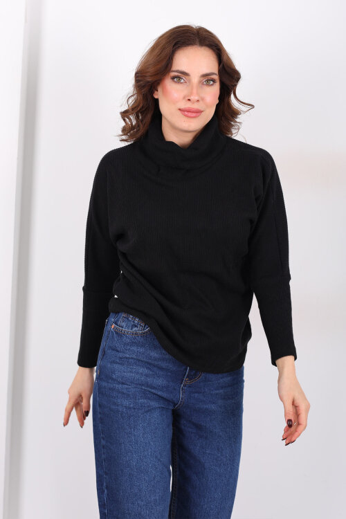 Boğazlı Yarasa Kol Siyah Kadın Triko Kazak - 4