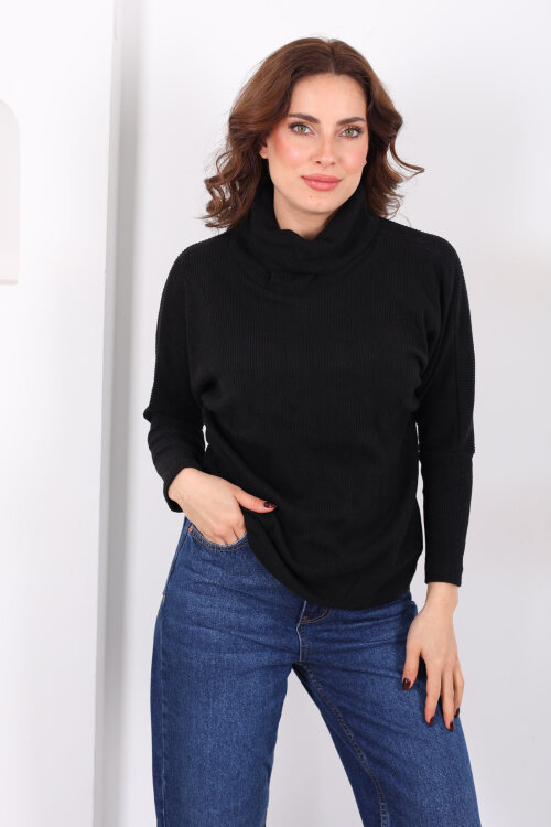 Boğazlı Yarasa Kol Siyah Kadın Triko Kazak - 5